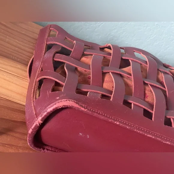 Tote w/ Flat Handles Soft Leather Woven Bag w/ Canvas Bag Inside Vintage 14x9x4” - Picture 13 of 16